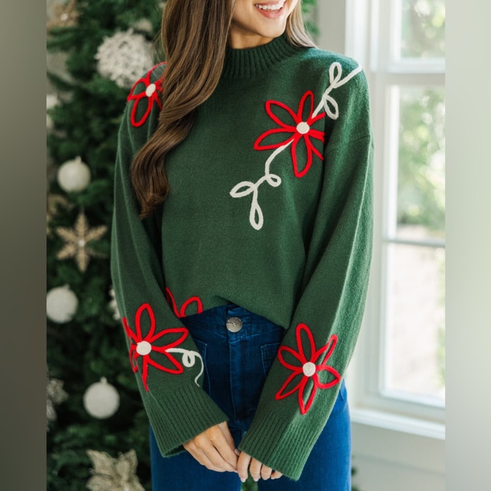 Shop the Mint Keep You Close Emerald Floral Poinsettia Holiday Sweater